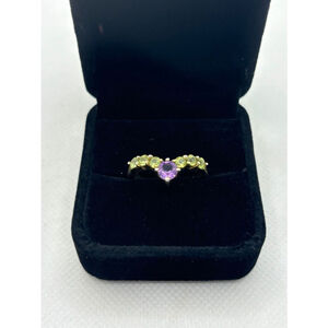 Vintage Gold Plated .925 Silver, V Shape, Amethyst & Peridot, 5 Stone ring, SZ 8